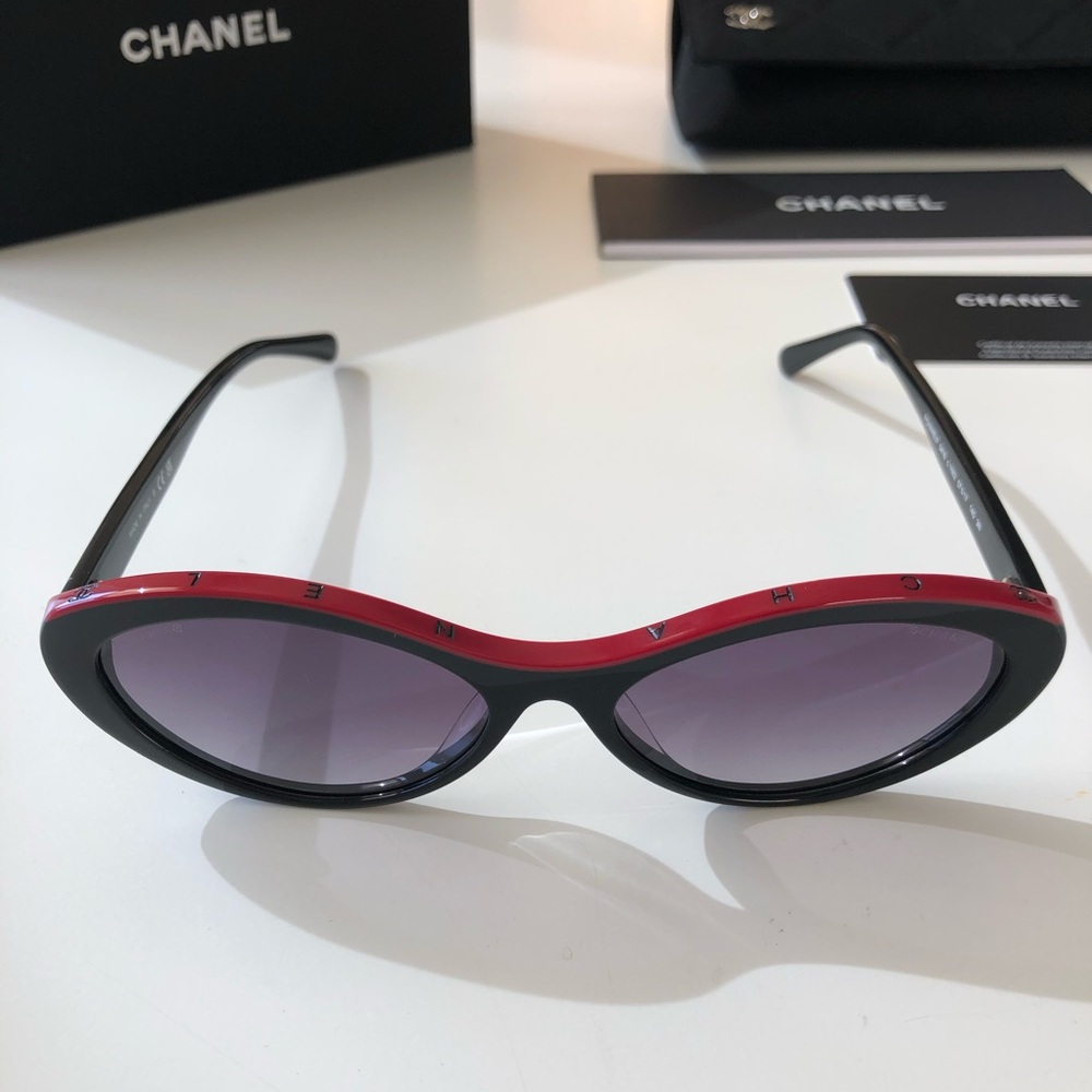 CHANEL Women’s 5416 Oval Sunglasses Acetate Frame Black Red Logo NEW in BOX